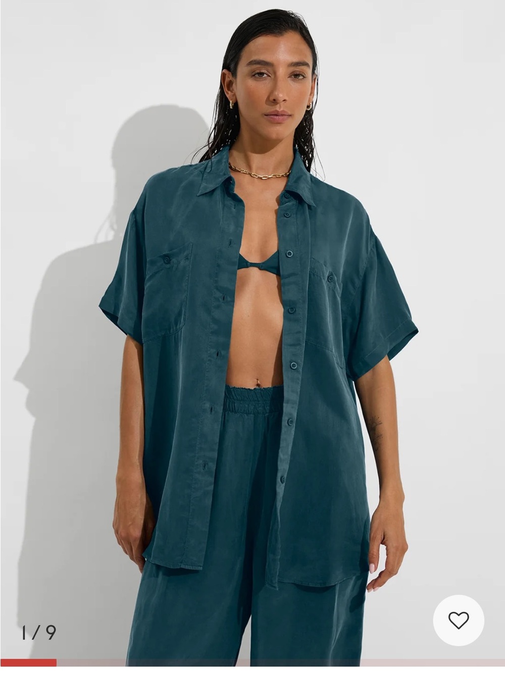 Left On Friday Day Trip Button Down Shirt Top Blouse S/M Deep End Teal NWT